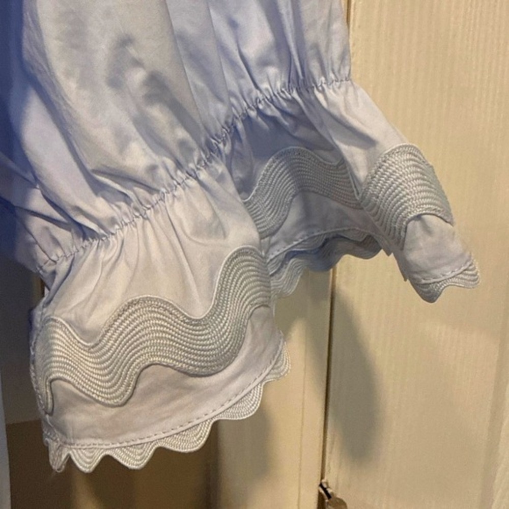Sundays Full Button Front Mini Dress XS Ruffle Neck Sky Blue Belt Cottagecore - Picture 7 of 11